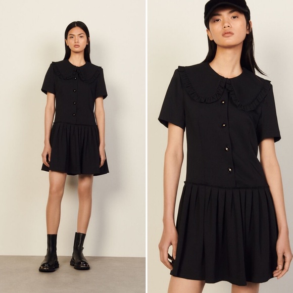 NWT Sandro Black Short Dress with Large Ruffled Peter Pan Collar - Picture 1 of 16